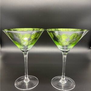 ARTLAND Tropical Leaves Martini Glasses.  Set of 2. Green and Silver.